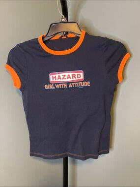 FANG Navy Ringer Tee with Orange Trim - "Hazard Girl With Attitude"